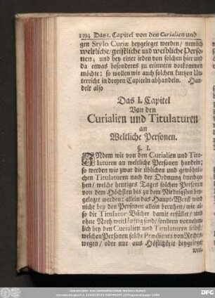 Das I. Capitel Von den Curialien und Titulaturen an Weltliche Personen.