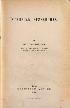 Etruscan Researches by Isaac Taylor