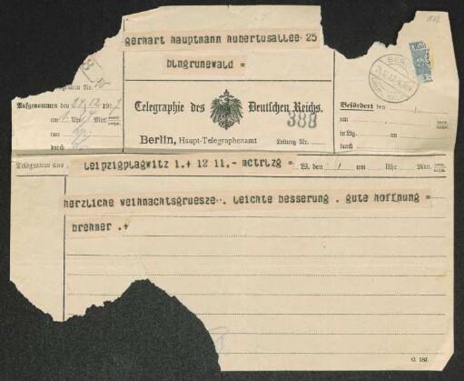 Brief von Fritz Brehmer an Gerhart Hauptmann