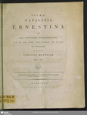 [1804],3.Febr.: Sacra natalitia seren. ducis Saxon. Goth. Altenb. Friderici IV in ill. Gymnasio Fridericiano Altenb. ... pie celebranda indicit