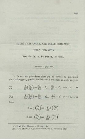 Sulle Trasformazioni delle equazioni della dinamica.