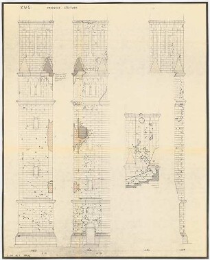 Kaiser-Wilhelm-Gedächtniskirche, Berlin-Charlottenburg: 4 Ansichten Vorderer Südturm, Nachkriegszustand, 1:50