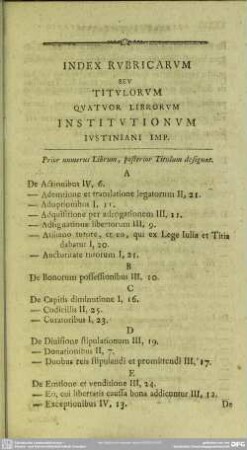 Index Rubricarum Seu Titulorum Quatuor Librorum Institutionum Iustiniani Imp.