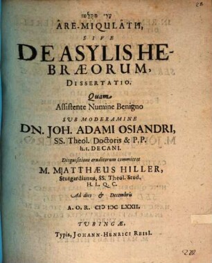 [...] Are-Miqulath, Sive De Asylis Hebraeorum, Dissertatio