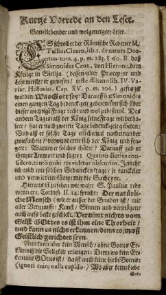 Kurtze Vorrede an den Leser.