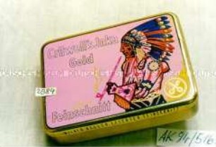 Blechdose für 50g Tabak "Crüwell's Inka Gold Feinschnitt" (Abbildung: rauchender Indianer)