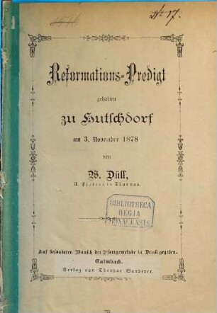Reformations-Predigt gehalten zu Hutschdorf am 3. November 1878