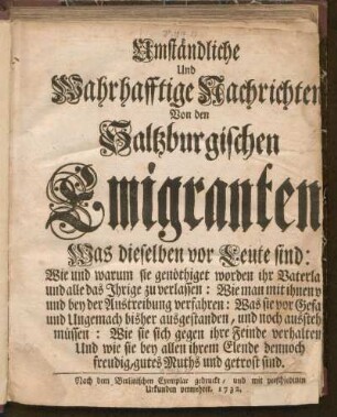 Umständliche Und Wahrhafftige Nachrichten, Von den Saltzburgischen Emigranten