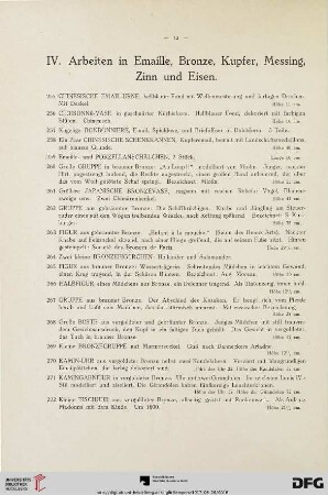 IV. Arbeiten in Emaille, Bronze, Kupfer, Messing, Zinn und Eisen (Nr. 255-361)