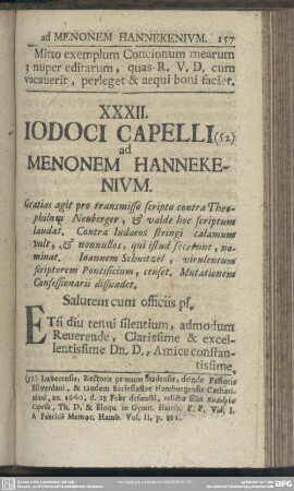 XXXII. Iodoci Capelli ad Menonem Hannekenium