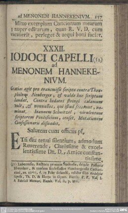 XXXII. Iodoci Capelli ad Menonem Hannekenium