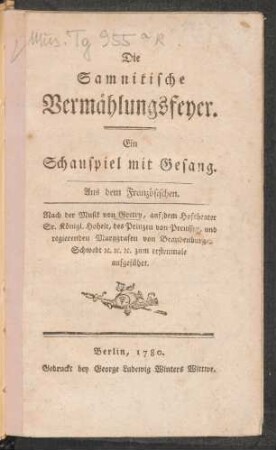 Die Samnitische Vermählungsfeyer : Ein Schauspiel mit Gesang
