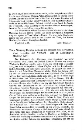 Wegele, Dora :: Theodor Althaus und Malwida von Meysenbug, zwei Gestalten des Vormärz : Marburg, 1927