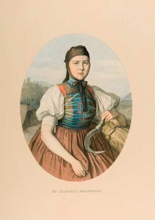 Trachtenbild "St Georgen Sommerau: Ein junges Mädchen im Arbeitsanzuge"