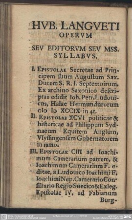 Hub. Langueti Operum Seu editorum Seu Mss. Syllabus