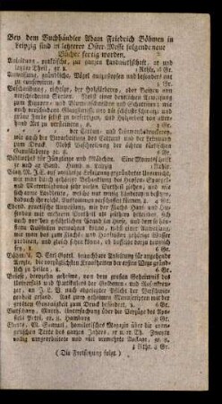 Bey dem Buchhändler Adam Friedrich Böhmen in Leipzig sind in letztere Oster-Messe folgende neue Bücher fertig geworden