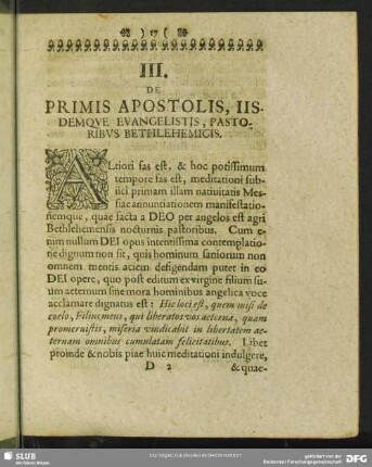 III. De Primis Apostolis, IIs Demque Evangelistis, Pastoribus Bethlehemicis