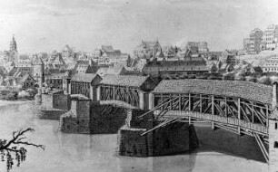 Meißen. Stadtansicht mit Brückenturm und Gegend der Brückenmühle, 1750 (Stadtarchiv Meißen)