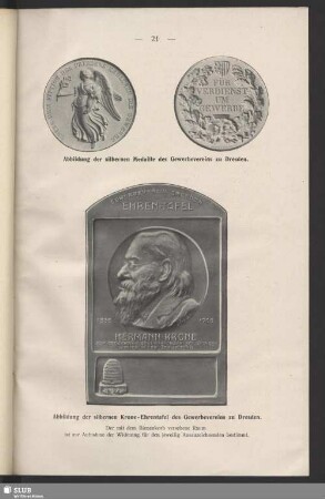 Abbildung der silbernen Medaille des Gewerbevereins zu Dresden - Abbildung der silbernen Krone-Ehrentafel des Gewerbevereins zu Dresden