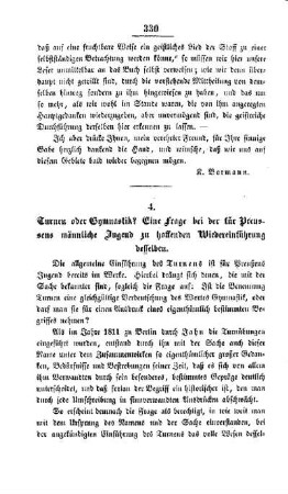 Turnen oder Gymnastik? Eine Frage bei der für Preussens männliche Jugend zu hoffenden Wiedereinführung desselben
