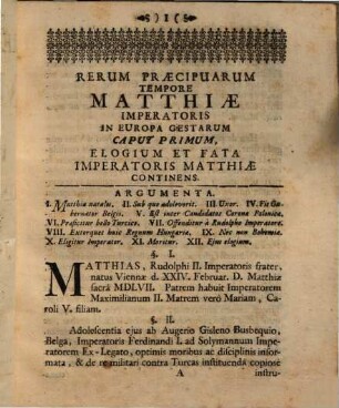 Sylloge Rerum Praecipuarum Tempore Matthiae Caesaris In Europa Gestarum