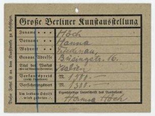 Große Berliner Kunstausstellung 1921 : Abt. Novembergruppe/Bund Deutscher Architekten.. Bildanhänger. Mit Namen, Adresse und Unterschrift von Hannah Höch