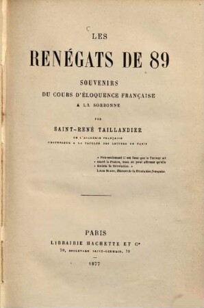 Les renégats de 89 : souvenirs du cours d'éloquence française à la Sorbonne