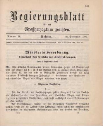 94. Ministerialverordnung, betreffend den Verkehr mit Kraftfahrzeugen