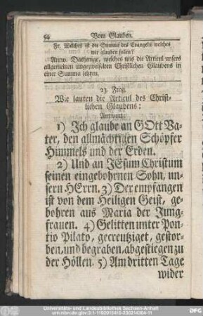 23. Frag. Wie lauten die Articul des Christlichen Glaubens:
