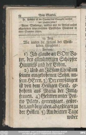 23. Frag. Wie lauten die Articul des Christlichen Glaubens: