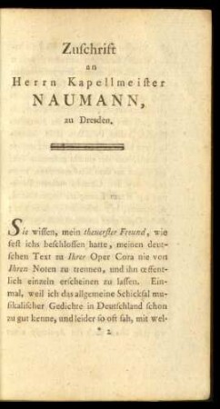 Zuschrift an Herrn Kapellmeister Naumann, zu Dresden