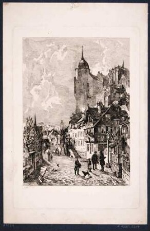 Die Altstadt in Meißen mit dem runden Eckturm des Bischofsschlosses "Liebenstein", Vereinsgeschenk des Sächsischen Kunstvereins
