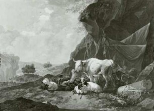Hirten und Herden unter Felsen