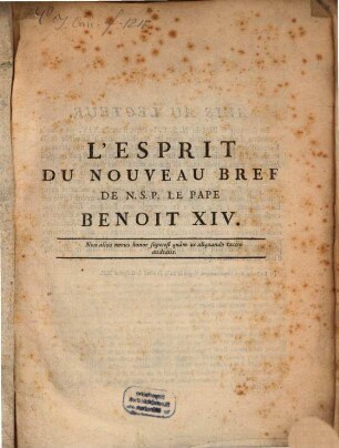 L' esprit du nouveau Bref de N. S. P. le pape Benoit XIV