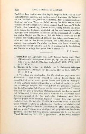 422-424 [Rezension] Lortz, Joseph, Adam, Tertullian als Apologet