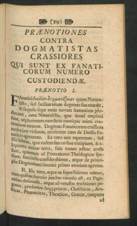 Praenotiones Contra Dogmatistas Crassiores Qui Sunt Ex Fanaticorum Numero Custodiendae
