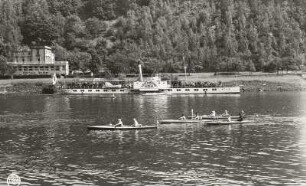 Personen-Seitenraddampfer "Leitmeritz" (1893; Werft Dresden-Blasewitz) der Sächsisch-Böhmischen Dampfschiffahrts-AG. Blick über die Elbe zum Fährhaus Zeichen
