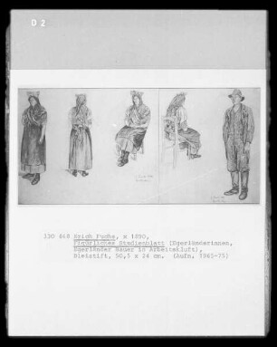 Figürliches Studienblatt (Egerländerinnen, Egerländer Bauer in Arbeitstracht)