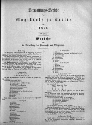 No. XVI a. Bericht über die Verwaltung der Feuerwehr und Telegraphie