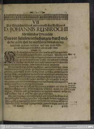 VII. Des Göttlichen Lehrers und vortrefflichen Beschauers D. Johannis Rusbrochii sehr nützliches Tractätlein Von vier subtilen versuchungen ...