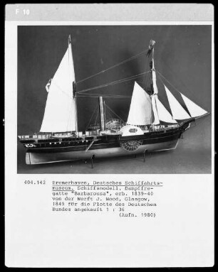 Dampffregatte "Barbarossa", erbaut 1839-1840 von der Werft J. Wood, Glasgow, 1849 von der Flotte des Deutschen Bundes angekauft