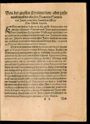 Von der grossen Coniunction/ oder zusamenkompst der obersten Planeten Saturni und Jovis/ unter dem Himlischen Fische/ Das Vierde Capitel.