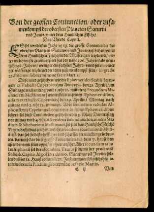Von der grossen Coniunction/ oder zusamenkompst der obersten Planeten Saturni und Jovis/ unter dem Himlischen Fische/ Das Vierde Capitel.