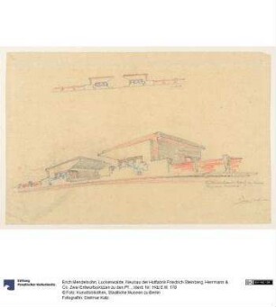 Luckenwalde, Neubau der Hutfabrik Friedrich Steinberg, Herrmann & Co. Zwei Entwurfsskizzen zu den Pförtnerhäuschen - Perspektive und Aufriß