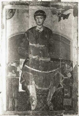 Demetrios von Thessaloniki auf dem Thron : Demetrios von Thessaloniki auf dem Thron. Ikonenmalerei; 156 x 109 cm (1101/1200; Wladimir-Susdaler Schule). Moskau: Tretjakow-Galerie