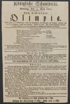 [Ankündigung:] Olimpia : Große Oper in 3 Abtheilungen, nach dem Französischen des Dieulafoy und Brifaut,
