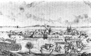 Haldensleben. Stadtansicht, während des 30jährigen Krieges, Repro
