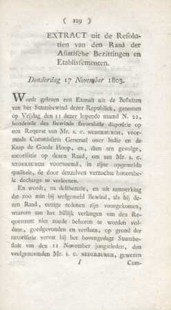 Extract uit de Resolutien van den Raad der Asiatische Bezittingen en Etablissementen