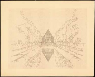 Garten Bergmann, Schneverdingen: (Lichtpause von Inv.-Nr. 41264): Perspektivische Ansicht mit Blick über das Wasserbecken zum Haus