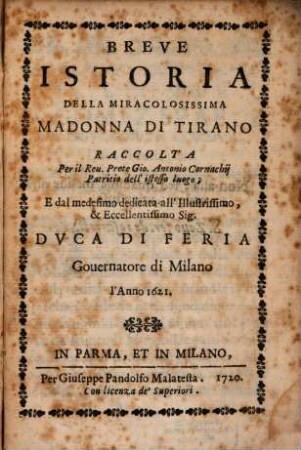 Breve Istoria Della Miracolosissima Madonna Di Tirano